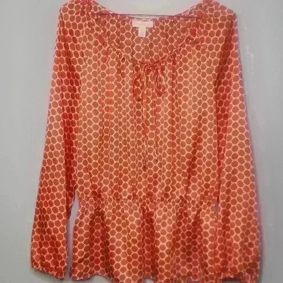 Charter Club orange white women's long sleeve with elastic waist blouse size M - Picture 2 of 8